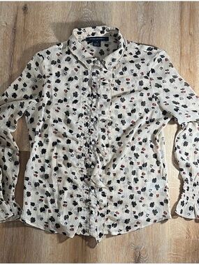 French Connection semi-sheer cream blouse with black and brick red print, Medium